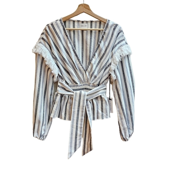 Saylor Linen Blend Jil Top with Belt and Fringe Detail, Size Medium - Picture 2 of 11